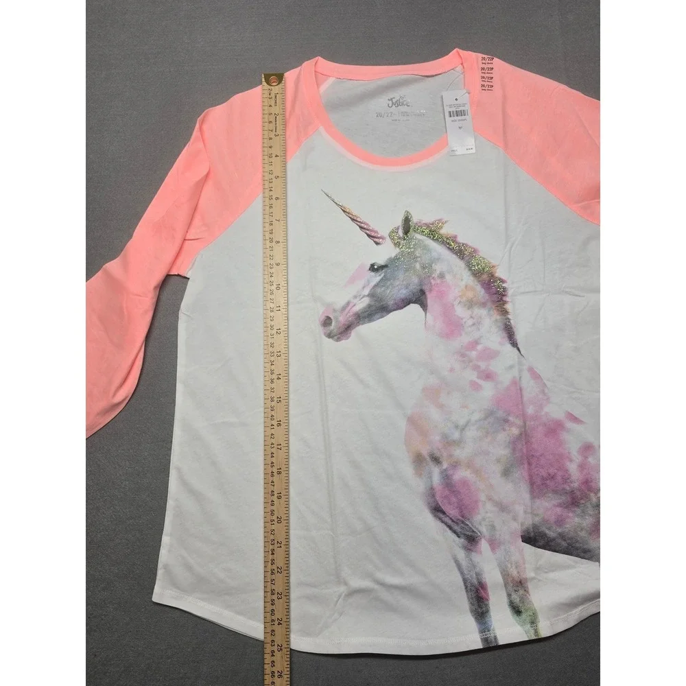 Justice Girls Unicorn Raglan Long Sleeve T-Shirt White Peach Plus Size 20/22PL